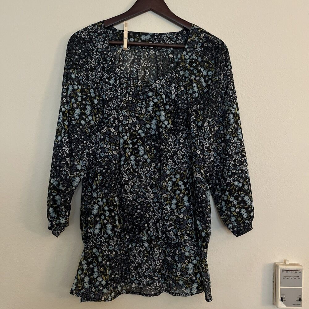 Apt 9 3/4 Sleeve Floral Ditsy Sheer Peplum Round Neck Top Shirt Blouse SZ XL
